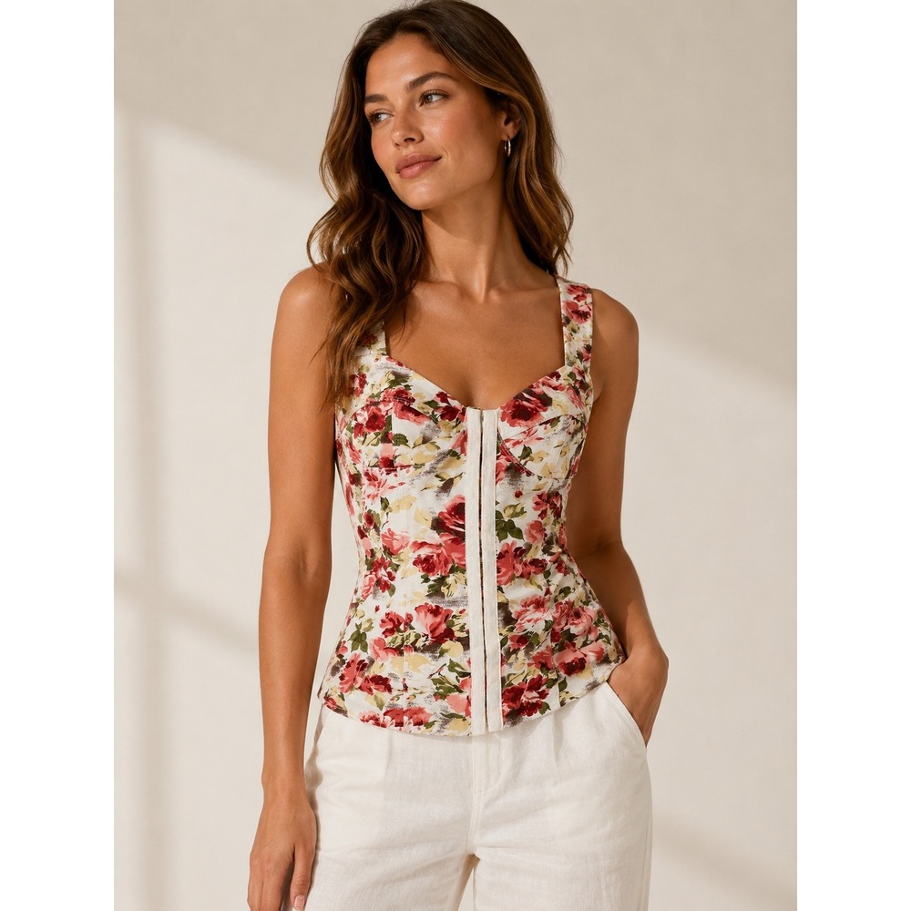MINKPINK Floral Corset Top Hook and Eye Bustier Tank Small Pink Red Rose Print